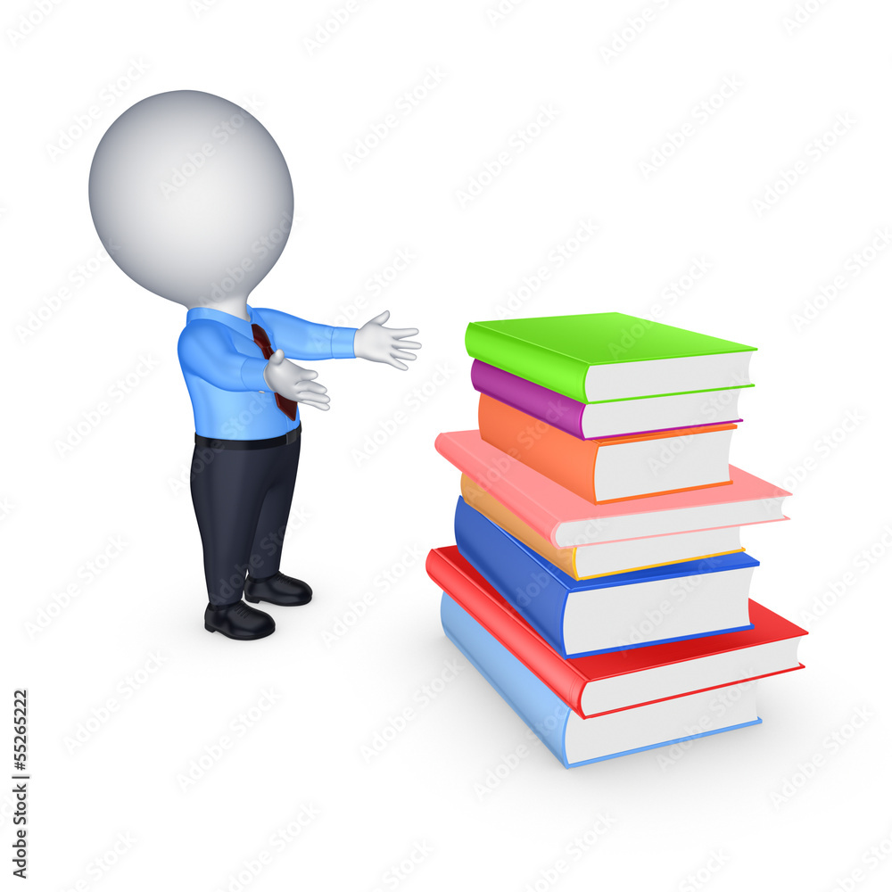 3d small person and big stack of colorful books.