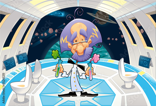 Funny scientist in a spaceship.