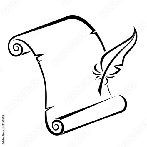 Black silhouette of paper scroll and feather pen. Vector.