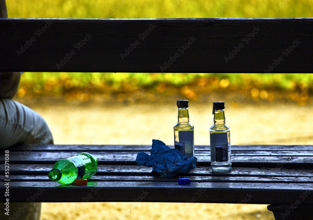 Urban alcoholism - empty bottles of vodka standing on bench