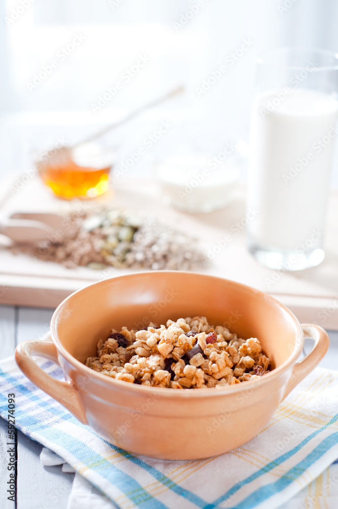 Fitness breakfast with healthy muesli and seeds Fitness breakfast with healthy muesli and seeds