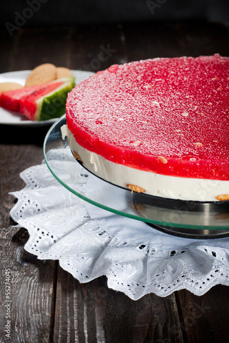 Diet seasonal cake with watermelon jelly and mascarpone cheese