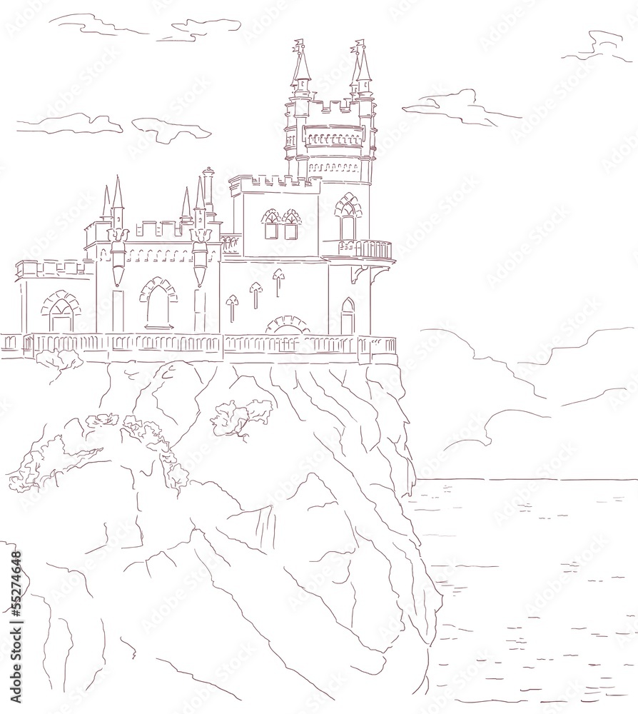 Old medieval castle, vector hand drawn sepia illustration.