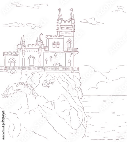 Old medieval castle, vector hand drawn sepia illustration.