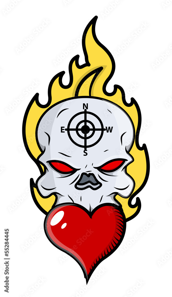 Skull Tattoo with Flame and Heart - Vector Cartoon Illustration Skull Tattoo with Flame and Heart - Vector Cartoon Illustration