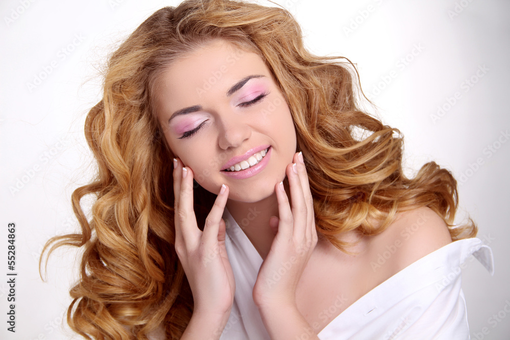 Obraz premium Hair. Happy Smiling Girl Enjoying the freshness. Beauty Woman wi