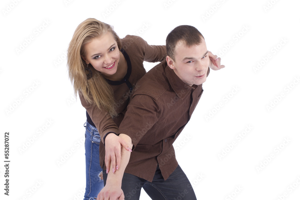 Loving couple embracing on white background Loving couple embracing on white background
