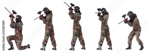 Studio shot of paintball player isolated over white background