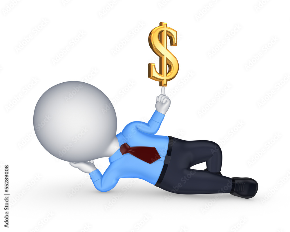 3d small person with sign of dollar. 3d small person with sign of dollar.