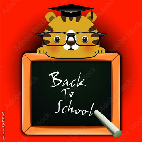 Tiger around a blackboard with the words "Back to school!"