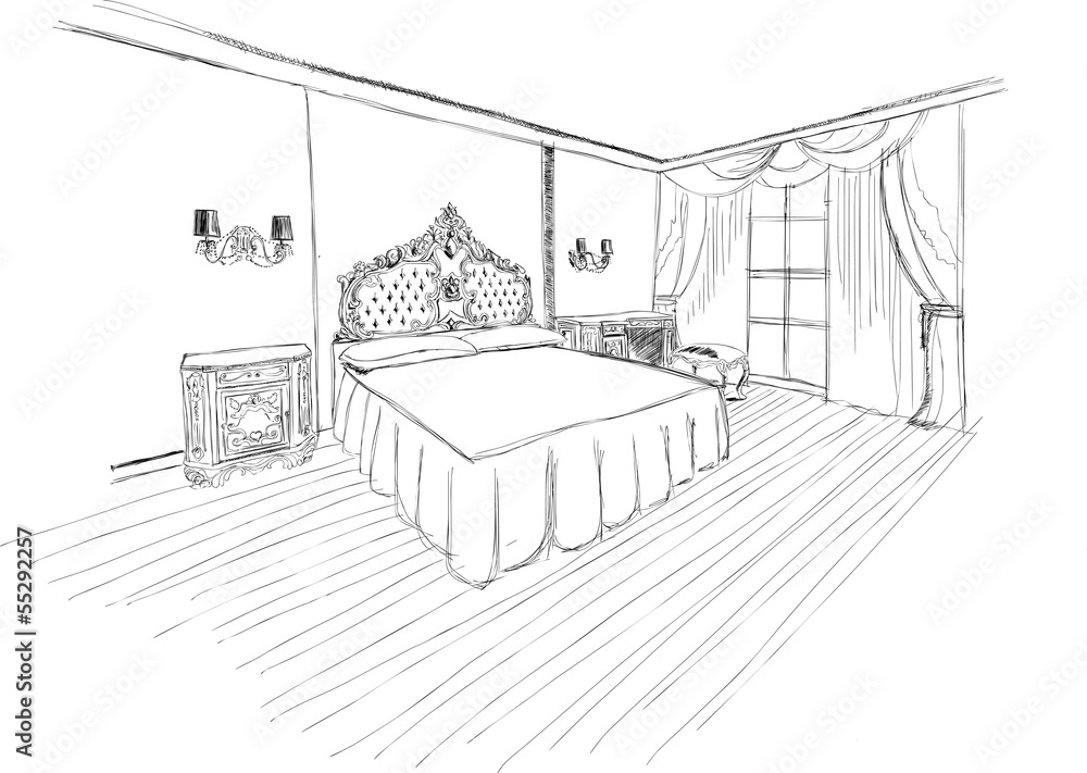 Classic bedroom interior designed in black and white graphics