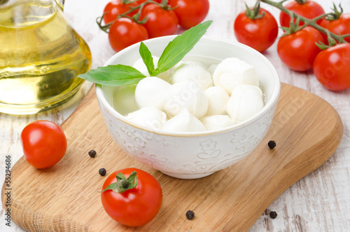fresh mozzarella in a bowl, cherry tomatoes and olive oil
