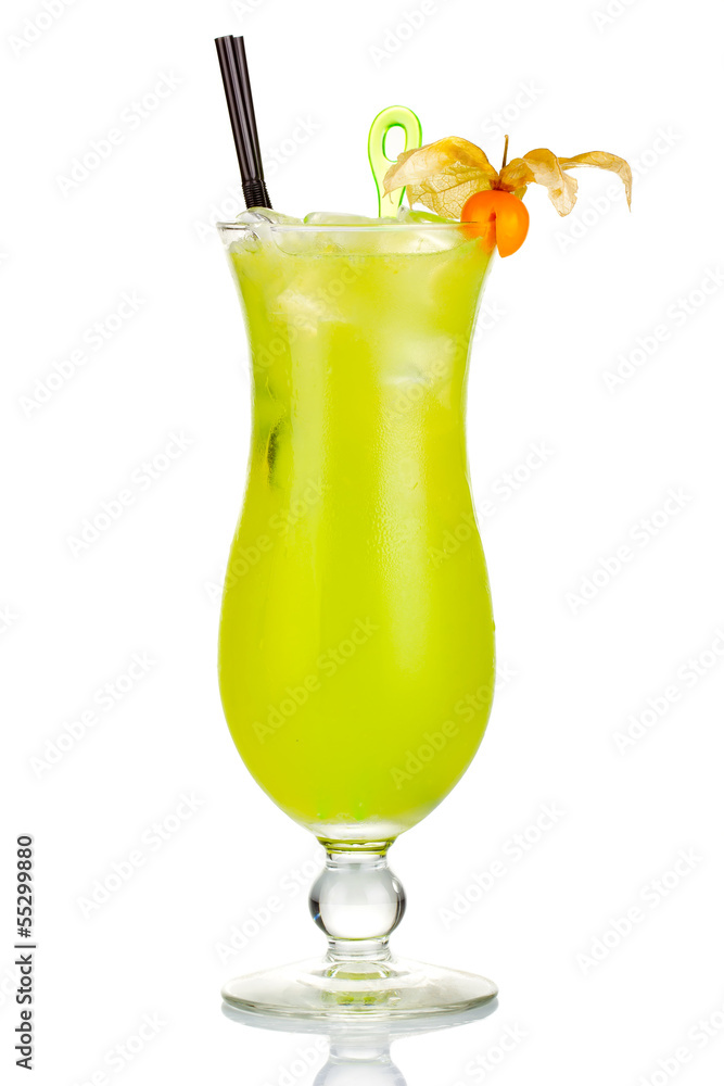 Green alcohol cocktail with Physalis berries isolated Green alcohol cocktail with Physalis berries isolated