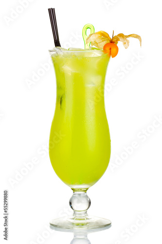 Green alcohol cocktail with Physalis berries isolated