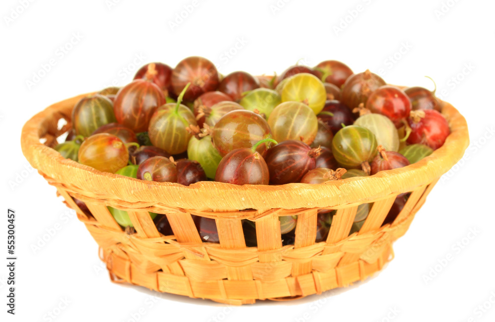 Fresh gooseberries in wicker basket isolated on white Fresh gooseberries in wicker basket isolated on white