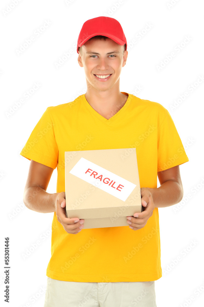 Young delivery man holding parcel, isolated on white Young delivery man holding parcel, isolated on white