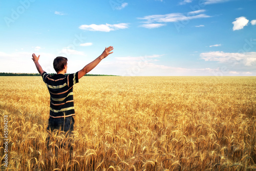 Man in meadow of golden wheat. Emotional scene. © es0lex