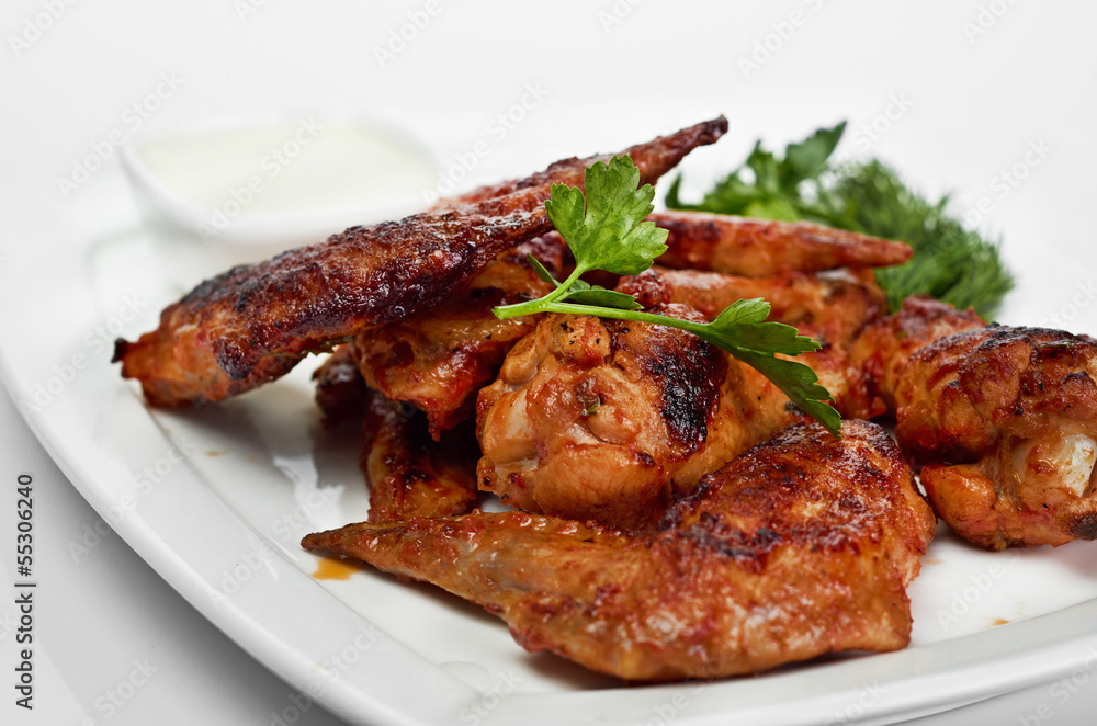 Hot Meat Dishes - Grilled Chicken Wings with Red Spicy Sauce Hot Meat Dishes - Grilled Chicken Wings with Red Spicy Sauce