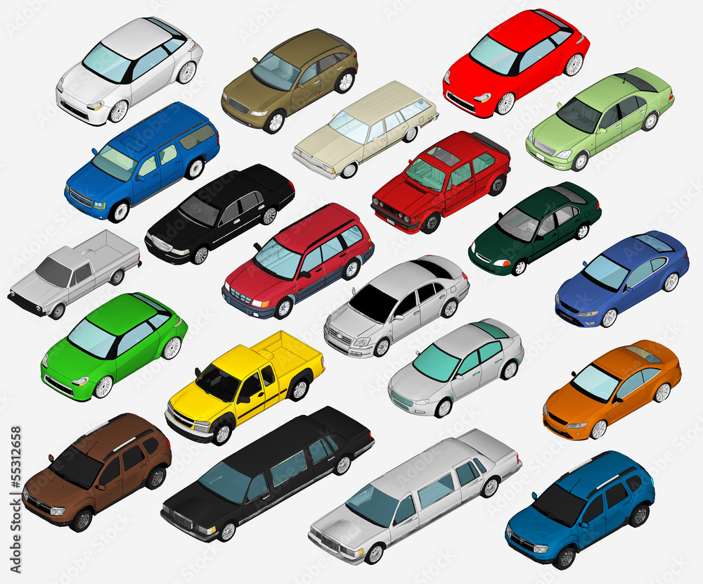 Set of Various Isolated 3d Cars