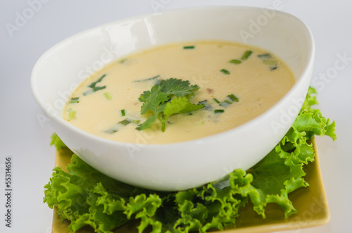 soup with chicken, galanga root and coconut