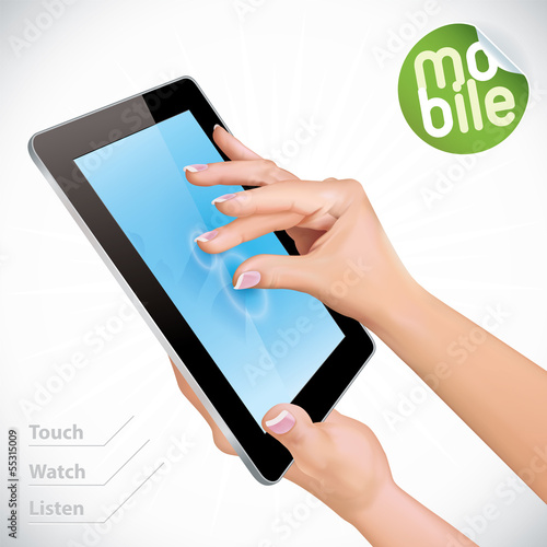 Vector Hand Holding Black Glossy Tablet Pad