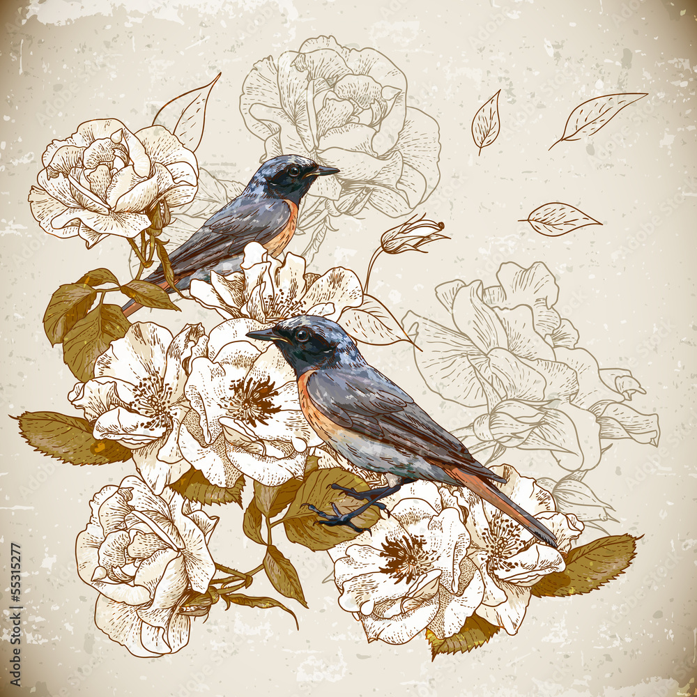 Plakat Vintage kwiatowy tło z ptakami