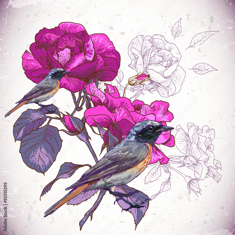 Vintage floral background with birds - obrazy, fototapety, plakaty 