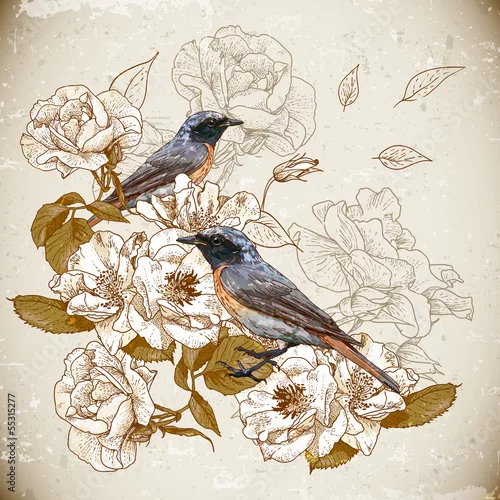 Fototapeta Vintage floral background with birds