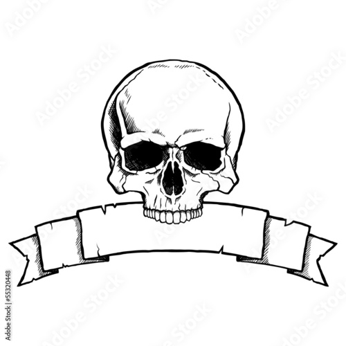 Black and white human skull with a ribbon banner.