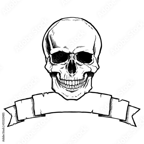 Black and white complete human skull with a ribbon banner.