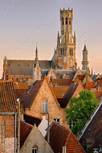 Sunset in Bruges. View on the city and Belfry from the roof. Fototapeta