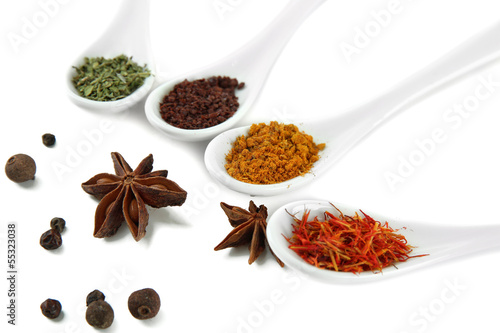 Assortment of spices in  white spoons, isolated on white