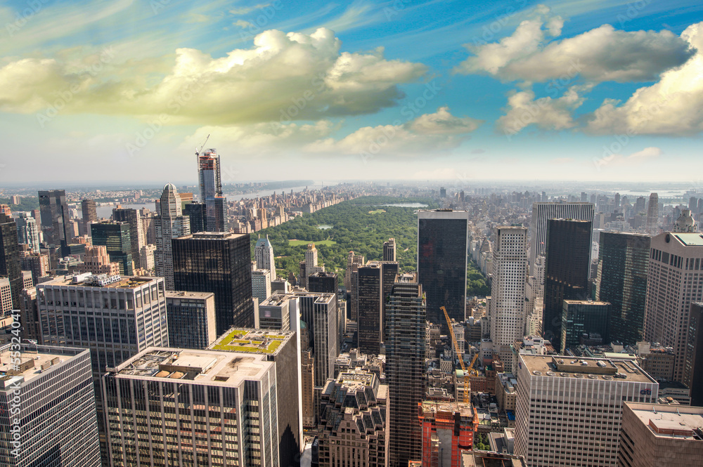 Aerial view of Upper Manhattan and Central Park area on a beauti
