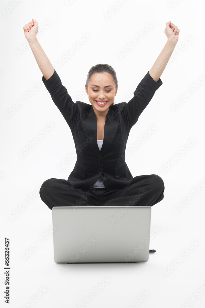 Businesswoman with laptop. Cheerful young businesswoman looking Businesswoman with laptop. Cheerful young businesswoman looking