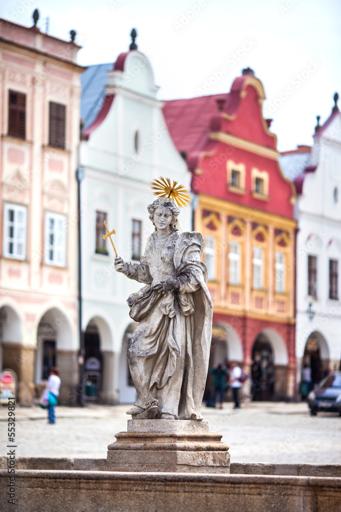 Telc, Czech Republic. Old sculpture of saint Marketa patroness