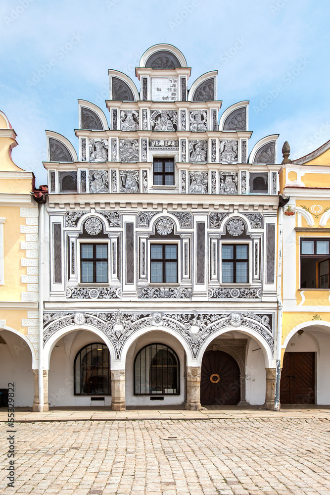 Facade renaissance houses on main square in Telc, Czech Republic