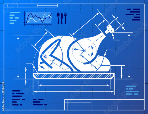 Christmas roast whole turkey symbol like blueprint drawing