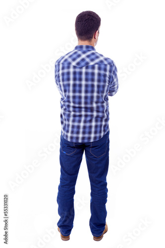 Back view of young casual man, isolated on white