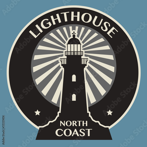 Sticker or label with Lighthouse silhouette, vector