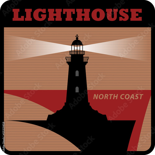 Label with lighthouse silhouette on abstract background, vector