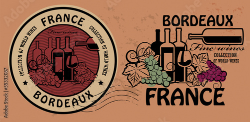 Stamp set with words France, Fine Wines, Bordeaux, vector