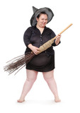 Funny obese witch with her magic broomstick. Haloween concept.