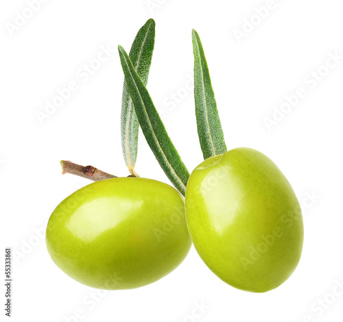Green olives with leaves isolated on white