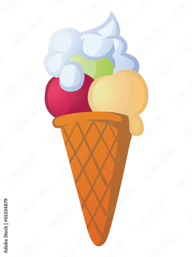 Cone with vanilla, strawberry and pistachio ice cream. Cone with vanilla, strawberry and pistachio ice cream.