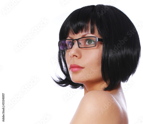 Brunette with sexy eye glasses and stylish short bob hair