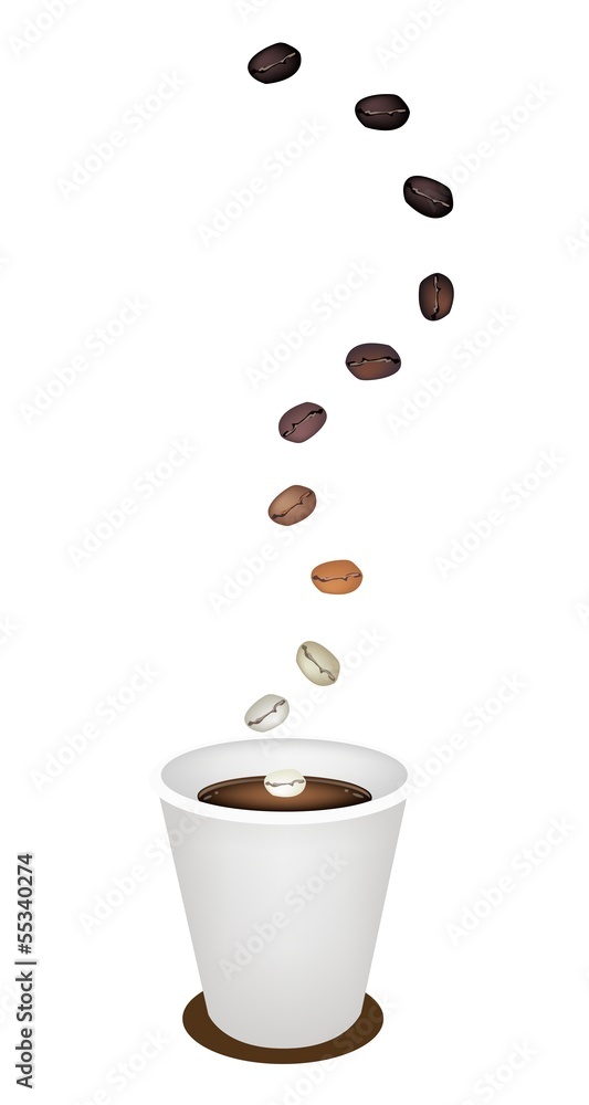 Obraz premium Delicious Disposable Coffee Cup with Roasted Beans