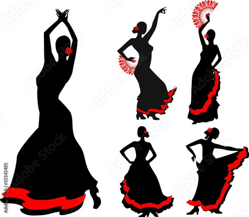 Five silhouettes of flamenco dancer