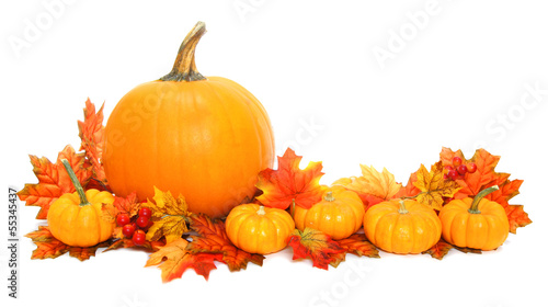 Autumn arrangement of pumpkins with red leaves