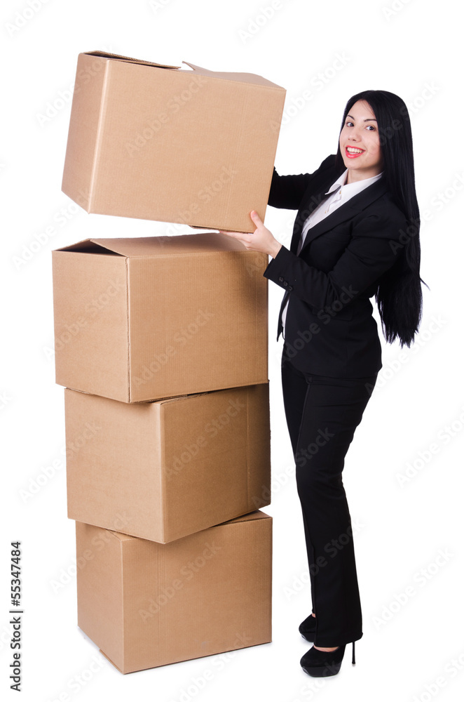 Woman with lots of boxes on white Woman with lots of boxes on white