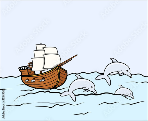 Ancient Ship with Dolphins - Vector Illustration